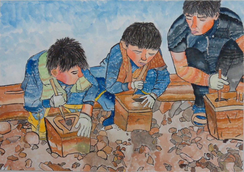 初めて七輪を作っている３人