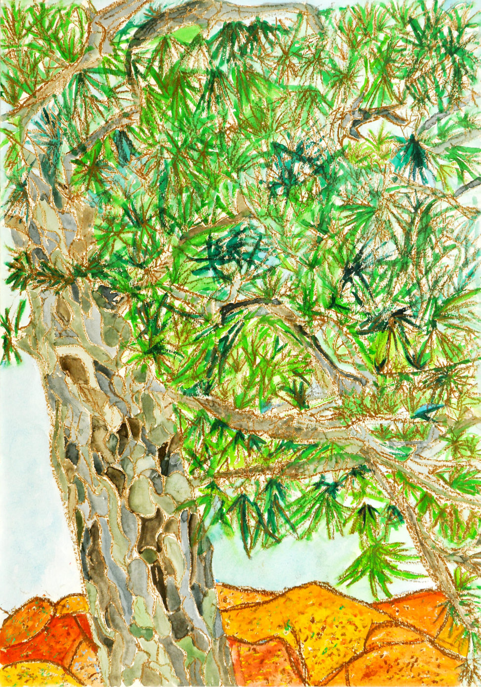 秋の鳥海山と松の木