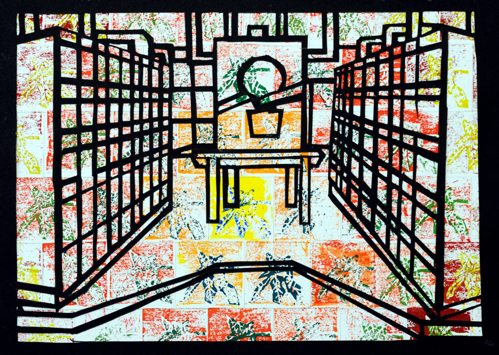 夕日に染まる生徒玄関