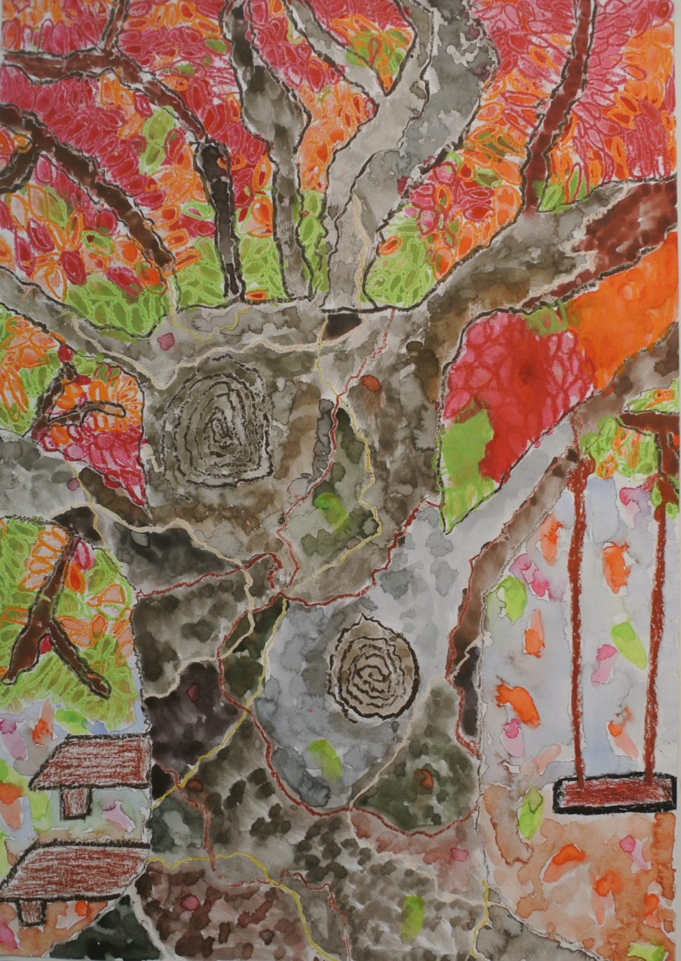 こうようのベンチとブランコそして木